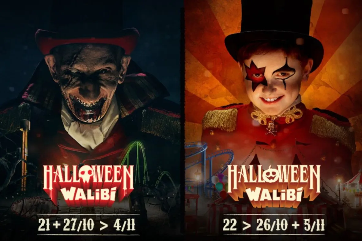 Deux visuels Halloween Walibi côte à côte, un monsieur Loyal zombie et un enfant maquillé, chacun avec les dates de l'événement