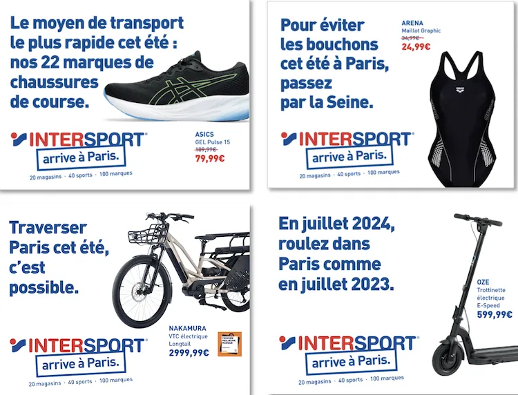 Quatre visuels Intersport "arrive à Paris" qui plaisantent sur les déplacements dans Paris pendant les Jeux