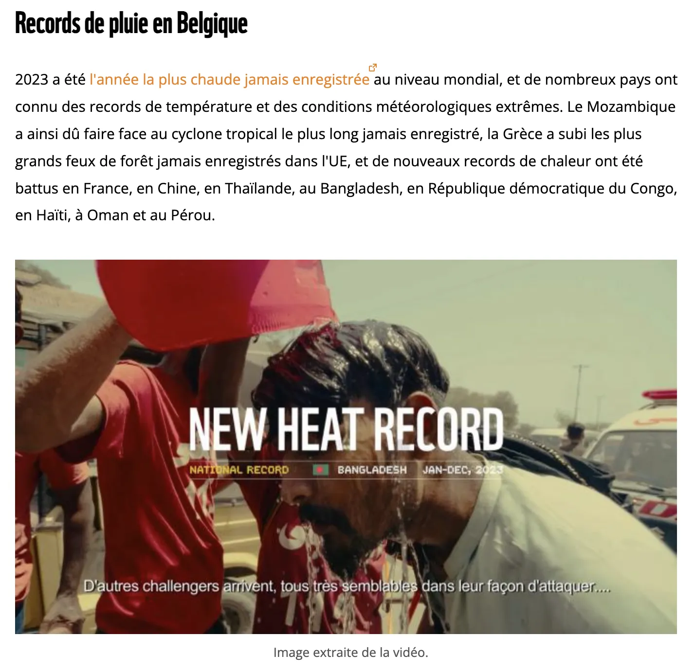 Communiqué de presse du WWF : la campagne "Les records à ne pas battre" déclinée pour la Belgique, avec une image du film sur un record de chaleur