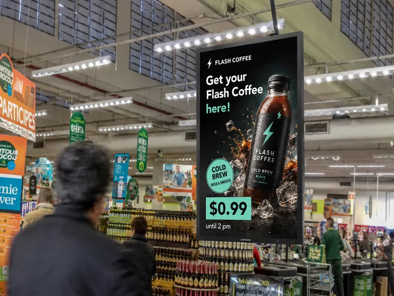 A digital screen hanging in a supermarket aisle showing a product, a price and a deadline