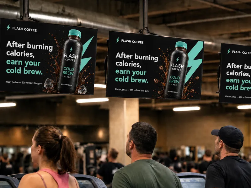 Screens above gym treadmills carrying a brand campaign with the distance to the nearest store